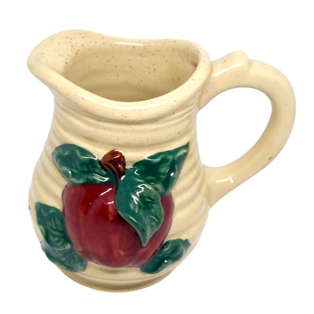 Small Ceramic Cream Pitcher W Apple & Leaf Relief Beige Speckled Finish Vintage